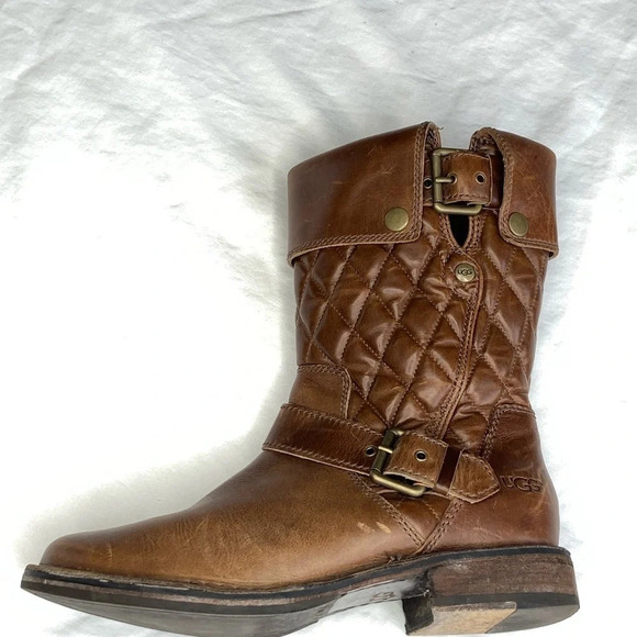UGG biker boots in brown leather size 6 Moto style quilted leather gold hardware - Picture 10 of 11